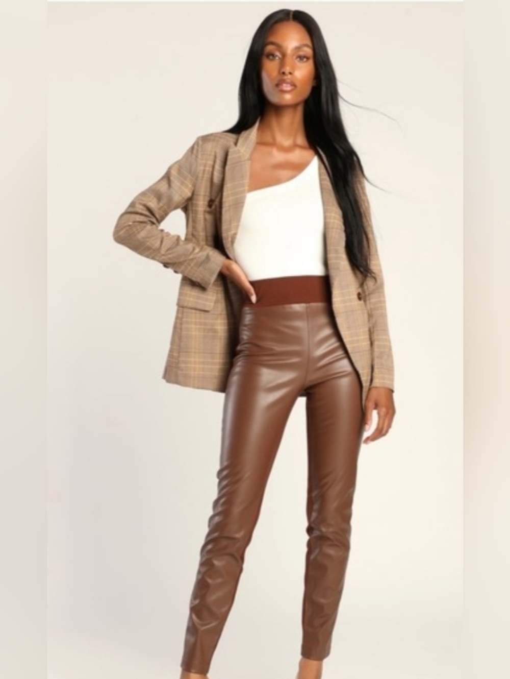 NWT Lulus Chocolate Brown Faux Leather Party In The Front Skinny Pants size L